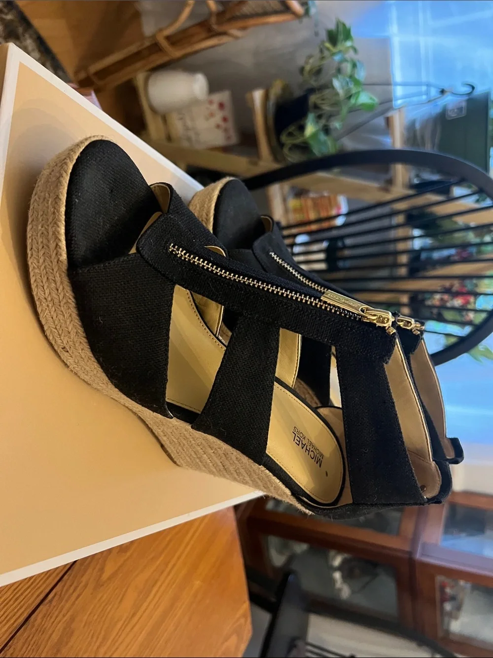 MICHAEL Michael Kors Black Canvas Wedge Sandals with Gold Zipper